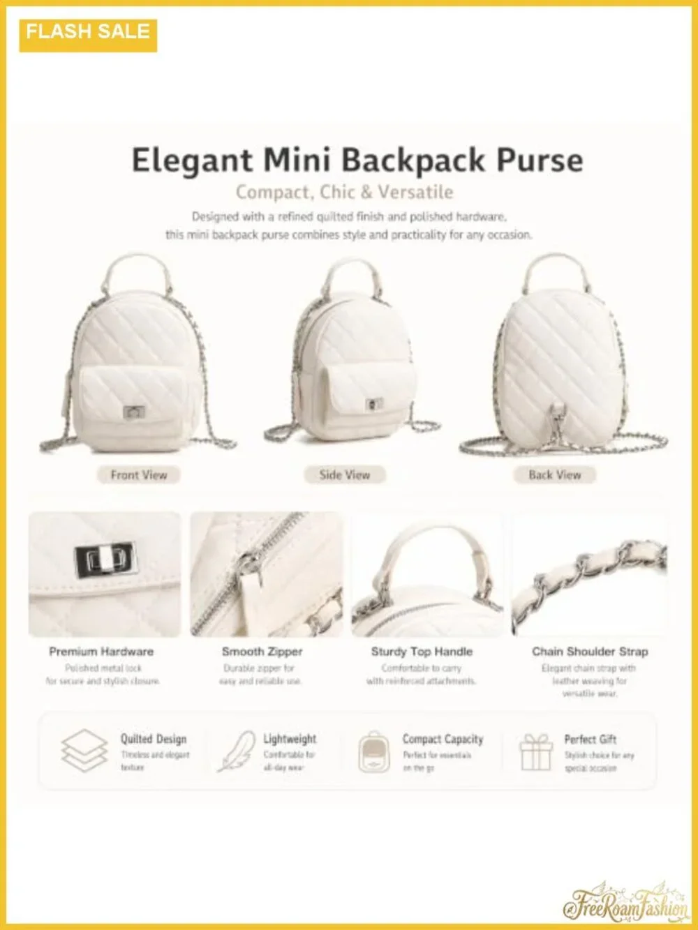 Quilted Mini Backpack Purse, Women's Faux Leather Backpack with Chain Strap, 3